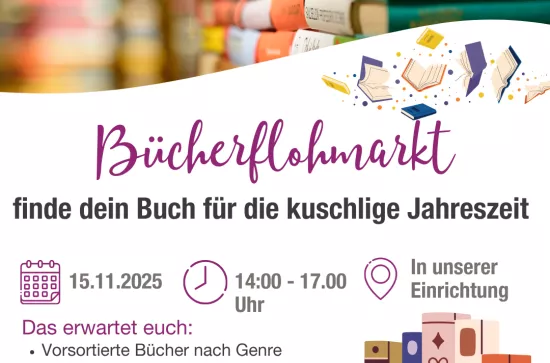 Bücherflohmarkt am 15.11.25 mit Cafe und Kuchen bringen sie gerne vorher Bücher vorbei.